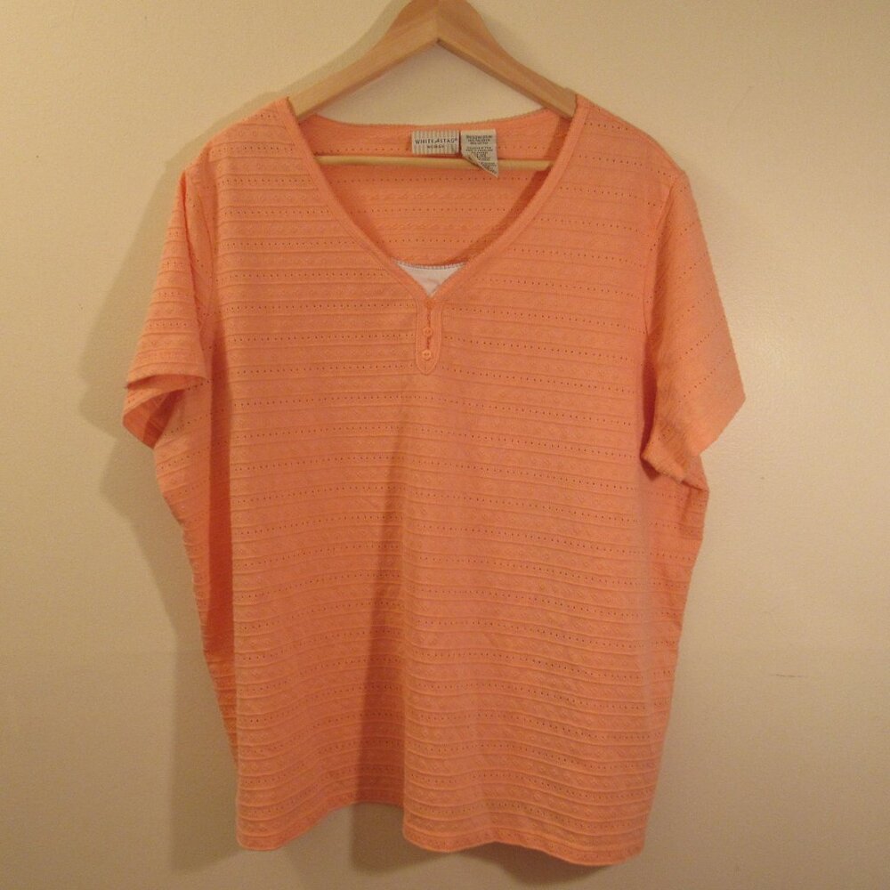 Womens Pullover Top 3X (22W/24W) Peach White Stag Woman Short Sleeve Casual